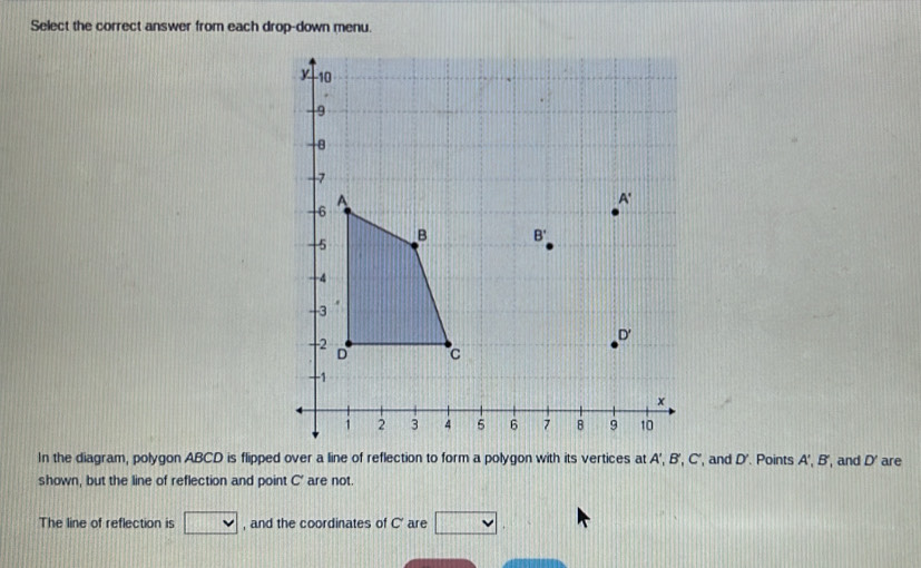 Select the correct answer from each drop-down menu.
D'
shown, but the line of reflection and point C' are not. are
The line of reflection is □ , and the coordinates of C' are