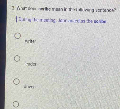 What does scribe mean in the following sentence?
During the meeting, John acted as the scribe.
writer
leader
driver