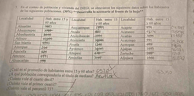 En el conteo de población y vivienda del INEGI, se obtuvieron los siguientes datos sobre los habitantes 
de las siguientes poblaciones. (30%) **Desarrolla lo necesario al frente de la hoja** 
¿Cuál es el promedio de habitantes entre 15 y 60 años?_ 
¿A qué población correspondería el titulo de mediana? 
_ 
¿Cuánto vale el cuarto decil? 
_ 
_ 
¿Cuánto vale el primer cuartil? 
_ 
¿Cuánto vale el percentil 73?