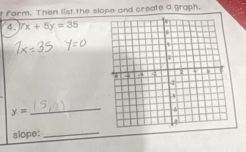 form. Then list the slope and create a graph. 
4. 7x+5y=35
y=
_ 
slope:_