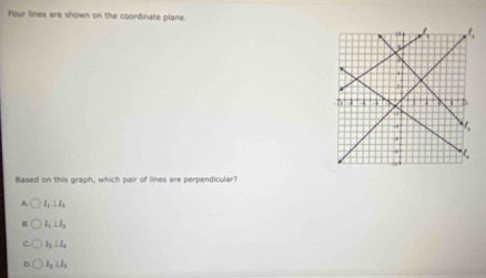 Four lines are shown on the coordinate plane.
Based on this graph, which pair of lines are perpendicular?
A l_1⊥ l_3
l_1⊥ l_2
l_3⊥ l_4
l_2⊥ l_3