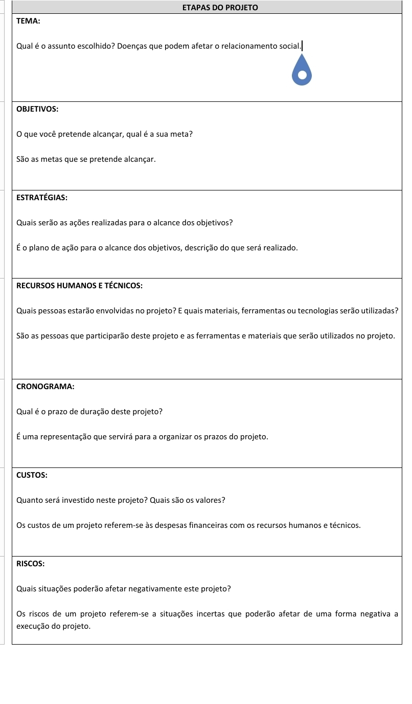 ETAPAS DO PROJETO 
TEMA: 
Qual 
OBJE 
O que 
São a 
Estr 
Quais 
É o pl 
RECU 
Quaiszadas? 
São aojeto. 
CRON 
Qual 
É uma 
CUST 
Quan 
Os cu 
RISC 
Quais 
Os ritiva a 
execu