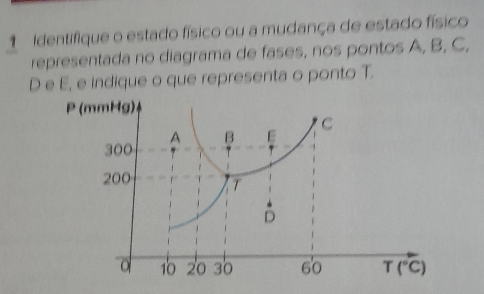 Identifique o estado físico ou a mudança de estado físico
representada no diagrama de fases, nos pontos A, B, C,
D e E, e indique o que representa o ponto T.