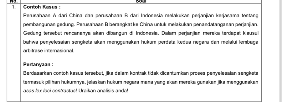 No. Soal 
1. Contoh Kasus : 
Perusahaan A dari China dan perusahaan B dari Indonesia melakukan perjanjian kerjasama tentang 
pembangunan gedung. Perusahaan B berangkat ke China untuk melakukan penandatanganan perjanjian. 
Gedung tersebut rencananya akan dibangun di Indonesia. Dalam perjanjian mereka terdapat klausul 
bahwa penyelesaian sengketa akan menggunakan hukum perdata kedua negara dan melalui lembaga 
arbitrase internasional. 
Pertanyaan : 
Berdasarkan contoh kasus tersebut, jika dalam kontrak tidak dicantumkan proses penyelesaian sengketa 
termasuk pilihan hukumnya, jelaskan hukum negara mana yang akan mereka gunakan jika menggunakan 
asas lex loci contractus! Uraikan analisis anda!