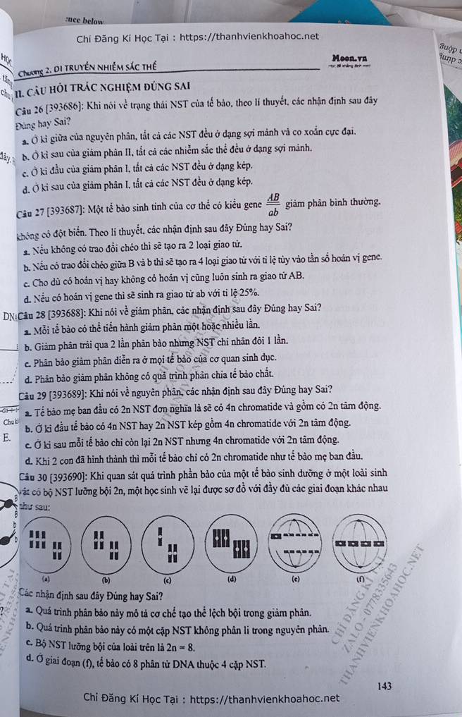 nce below
Chí Đăng Kí Học Tại : https://thanhvienkhoahoc.net
Suộp
Moon. vn Tupp 
Chương 2. DI TRUYềN NHiễm sắc thế
ch 11. CâU HỏI tRÁC NGhiệM đúng sai
Câu 26 [393686]: Khi nói vc^(frac 1)c trạng thải NST của tế bảo, theo lí thuyết, các nhận định sau đây
Đùng hay Sai?
L Ở kỉ giữa của nguyên phân, tắt cả các NST đều ở dạng sợi mảnh và co xoắn cực đại.
đây B Ở kỉ sau của giảm phân II, tắt cả các nhiễm sắc thể đều ở dạng sợi mảnh.
c. Ở ki đầu của giảm phân I, tắt cả các NST đều ở dạng kép.
đ. Ô ki sau của giảm phân I, tắt cả các NST đều ở dạng kép.
Câu 27 [393687]: Một tể bảo sinh tinh của cơ thể có kiểu gene  AB/ab  giảm phân bình thường.
chông có đột biển. Theo lí thuyết, các nhận định sau đãy Đủng hay Sai?
a Nếu không có trao đổi chéo thi sẽ tạo ra 2 loại giao tử.
b. Nều có trao đổi chéo giữa B và b thi sẽ tạo ra 4 loại giao từ với tỉ lệ tủy vào tần số hoán vị gene.
c. Cho dù có hoán vị hay không cỏ hoán vị cũng luôn sinh ra giao từ AB.
d. Nều có hoán vị gene thì sẽ sinh ra giao tử ab với tỉ lệ 25%.
DN Câu 28 [393688]: Khi nói về giảm phân, các nhận định sau đây Đúng hay Sai?
* Mỗi tế bào có thể tiến hành giảm phân một hoặc nhiều lằn.
b. Giảm phân trải qua 2 lần phân bảo nhưng NST chi nhân đôi 1 lần.
c. Phân bảo giảm phân diễn ra ở mọi tể bảo của cơ quan sinh dục.
d. Phân bào giảm phân không có quả trình phân chia tể bảo chất.
Câu 29 [393689]: Khi nói về nguyên phân, các nhận định sau đây Đủng hay Sai?
di ÷1 áể Tể bảo mẹ ban đầu có 2n NST đơn nghĩa là sẽ có 4n chromatide và gồm có 2n tâm động.
Chu k
b. Ở ki đầu tể bảo có 4n NST hay 2n NST kép gồm 4n chromatide với 2n tâm động.
E. c Ở ki sau mỗi tế bào chi còn lại 2n NST nhưng 4n chromatide với 2n tâm động.
đ. Khi 2 con đã hình thành thì mỗi tế bảo chỉ cỏ 2n chromatide như tế bảo mẹ ban đầu.
Câu 30 [393690]: Khi quan sát quá trình phần bảo của một tể bào sinh dưỡng ở một loài sinh
cột có bộ NST lưỡng bội 2n, một học sinh vẽ lại được sơ đồ với đầy đủ các giai đoạn khác nhau
shu sau:
.
(a) (b) (c) (d) (c) 
Các nhận định sau đây Đủng hay Sai?
. Quá trình phân bảo này mô tả cơ chế tạo thể lệch bội trong giảm phân.
b. Quá trình phân bảo này có một cặp NST không phân li trong nguyên phân.
c. Bộ NST lưỡng bội của loài trên là 2n=8.
d. Ở giai đoạn (f), tế bảo có 8 phân từ DNA thuộc 4 cặp NST.
143
Chi Đăng Kí Học Tại : https://thanhvienkhoahoc.net
