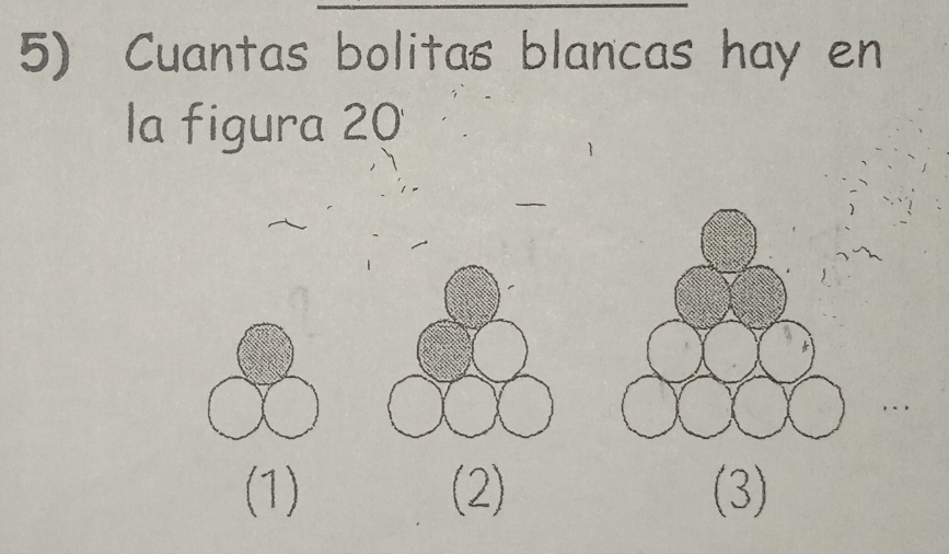 Cuantas bolitas blancas hay en
la figura 20
(1) (2) (3)