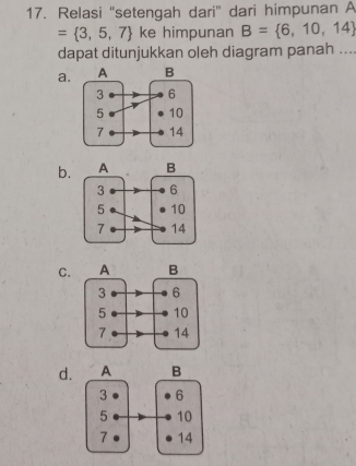 Relasi ''setengah dari'' dari himpunan A
= 3,5,7 ke himpunan B= 6,10,14
dapat ditunjukkan oleh diagram panah ....
a.
b.
C.
d.