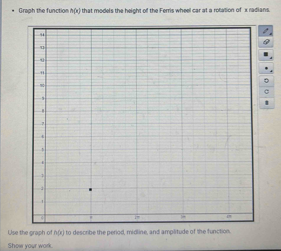 Graph the function h(x) that models the height of the Ferris wheel car at a rotation of x radians. 
C 
Use the graph of h(x) to describe the period, midline, and amplitude of the function. 
Show your work.