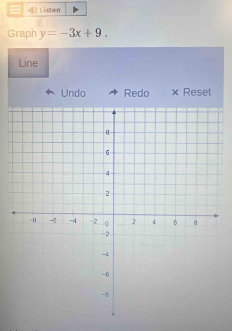 Listen 
Graph y=-3x+9. 
Line 
Undo Redo × Reset