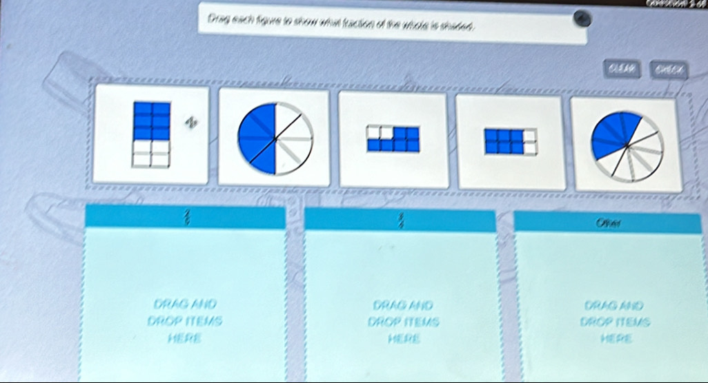 Drag each figure to show what traction of the whole is shaded 
C

 2/5 
DRAG AND DRAG AND ORAG MND 
DROP ITEMS DROP ITEMS DROP ITEMS 
HERE *P