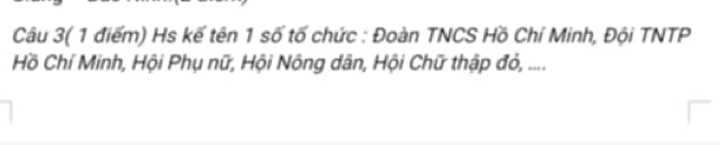 Câu 3( 1 điểm) Hs kế tên 1 số tố chức : Đoàn TNCS Hồ Chí Minh, Đội TNTP 
Hồ Chí Minh, Hội Phụ nữ, Hội Nông dân, Hội Chữ thập đỏ, ....