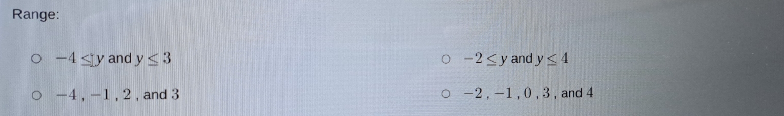 Range:
-4≤ y and y≤ 3 -2≤ y and y≤ 4
-4 , -1 , 2 , and 3 -2 , -1 , 0 , 3 , and 4