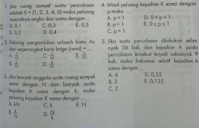 Jika ruang sampel suatu percobaan 4. Misal peluang kejadian K sama dengan
adalah S= 1,2,3,4,5 maka peluang p maka ...
munculnya angka dua sama dengan ... A. p<1</tex> D. 0
A. 0, 1 C. 0, 3 E. 0,5 B. p>1 E. 0≤ p≤ 1
B. 0, 2 D. 0,4 C. p=1. 2. Peluang pengambilan sebuah kartu As 5. Jika suatu percobaan dilakukan seba-
dari seperangkat kartu brige (remi) = ... nyak 36 kali, dan kejadian A pada
A.  1/52  C.  3/52  E.  5/52  percobaan tersebut terjadi sebanyak 9
B.  2/52  D.  4/52  kali, maka frekuensi relatif kejadian A
sama dengan ...
D. 0,25
3. Jika banyak anggota suatu ruang sampel A. 4 E. 0,125
sama dengan N dan banyak suatu. B. 3
kejadian K sama dengan k, maka C. 2
peluang kejadian K sama dengan ...
A. kN C. k E. N
B.  k/N  D.  N/k 