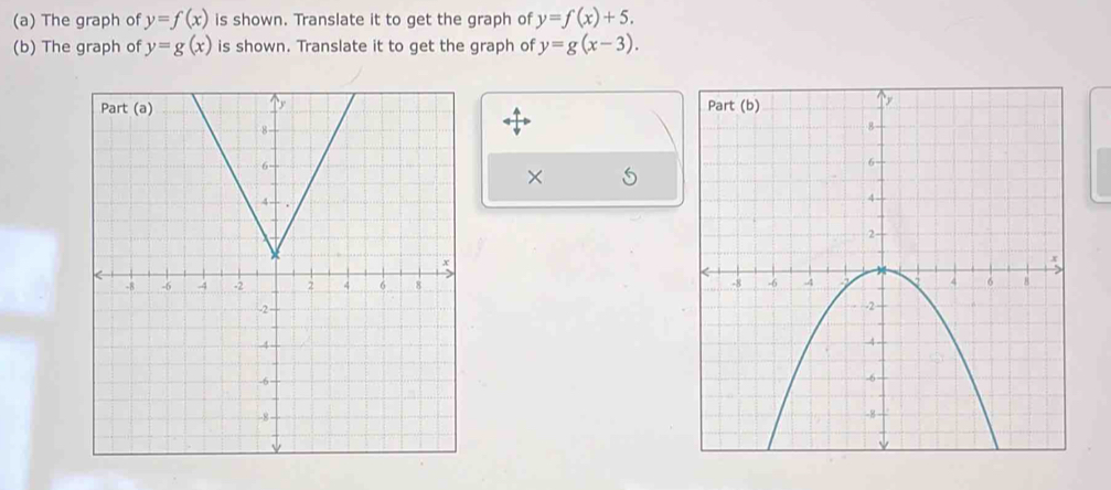 The graph of y=f(x) is shown. Translate it to get the graph of y=f(x)+5. 
(b) The graph of y=g(x) is shown. Translate it to get the graph of y=g(x-3). 
×