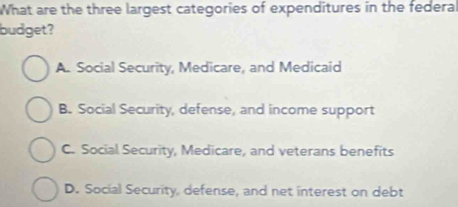 What are the three largest categories of expenditures in the federa
budget?
A. Social Security, Medicare, and Medicaid
B. Social Security, defense, and income support
C. Social Security, Medicare, and veterans benefits
D. Social Security, defense, and net interest on debt