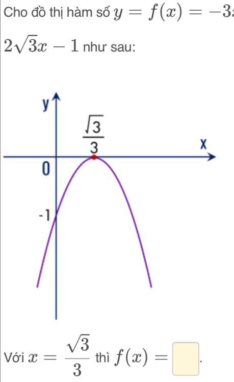 Cho đồ thị hàm số y=f(x)=-3
2sqrt(3)x-1 như sau:
Với x= sqrt(3)/3  thì f(x)=□ .