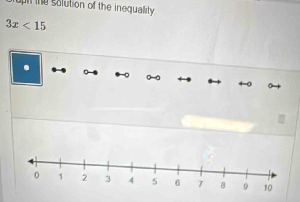 uph the solution of the inequality.
3x<15</tex>
9