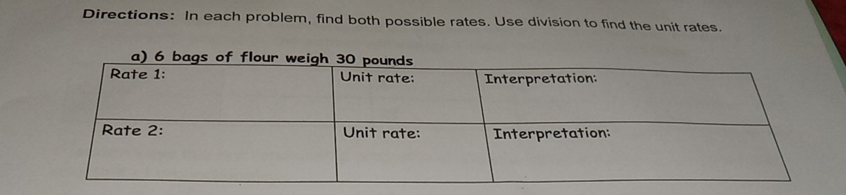 Directions: In each problem, find both possible rates. Use division to find the unit rates.