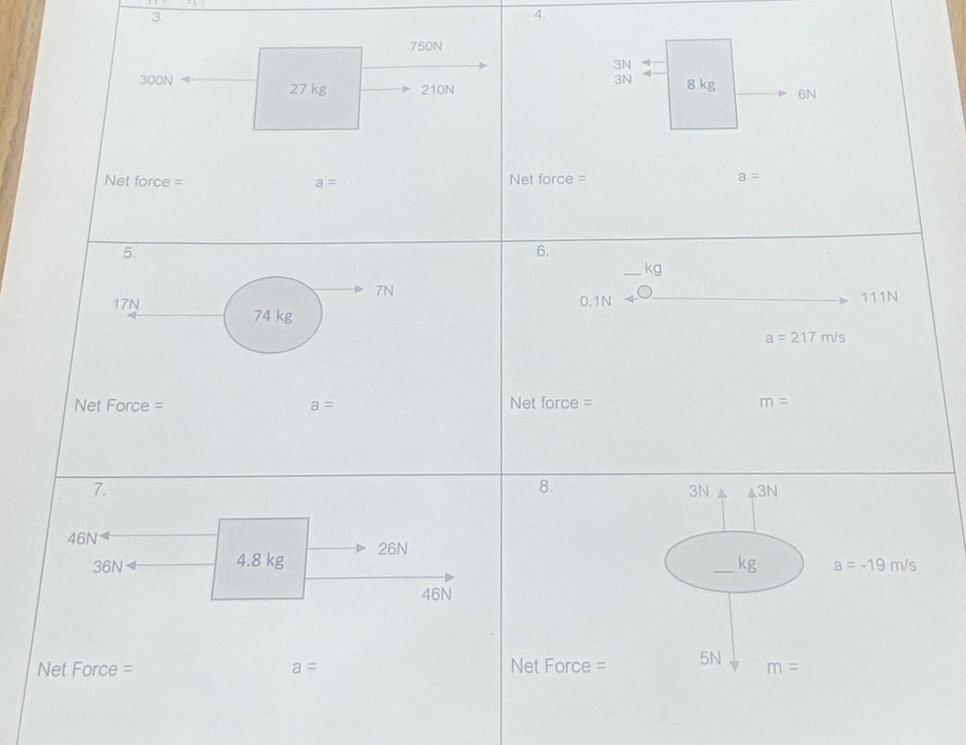 Solved: 750N 3N 300N 3N 27 kg 210N 8 kg 6N Net force = a= Net force = a ...