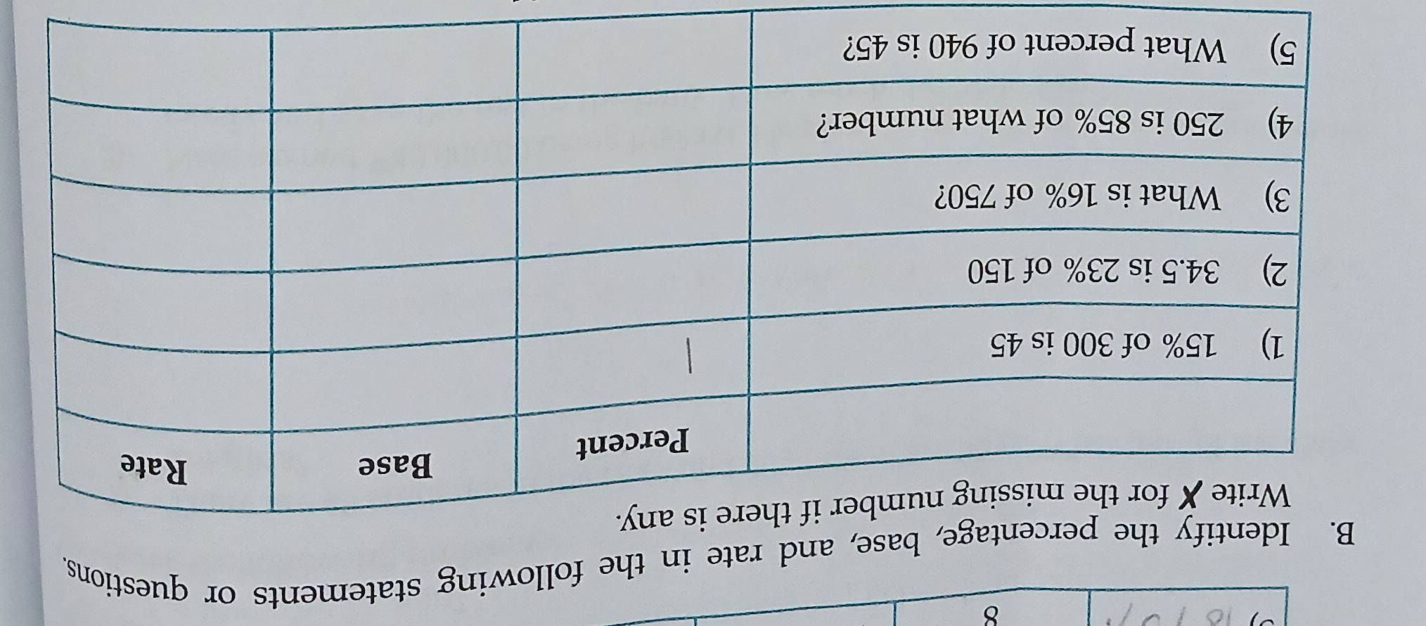 Identify the percentage, base, and rate in the following statements or questions