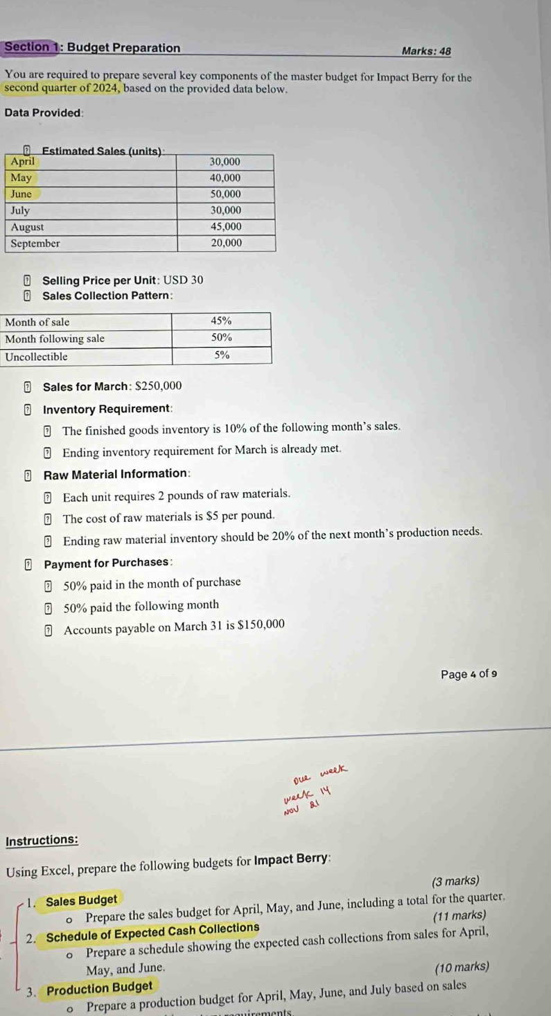 Budget Preparation Marks: 48 
You are required to prepare several key components of the master budget for Impact Berry for the 
second quarter of 2024, based on the provided data below. 
Data Provided 
Selling Price per Unit: USD 30
Sales Collection Pattern: 
Sales for March: $250,000
Inventory Requirement: 
The finished goods inventory is 10% of the following month’s sales. 
Ending inventory requirement for March is already met. 
Raw Material Information: 
₹ Each unit requires 2 pounds of raw materials. 
₹ The cost of raw materials is $5 per pound. 
Ending raw material inventory should be 20% of the next month’s production needs. 
Payment for Purchases:
₹ 50% paid in the month of purchase
₹ 50% paid the following month 
Accounts payable on March 31 is $150,000
Page 4 of 9 
pue week 

NBV a 
Instructions: 
Using Excel, prepare the following budgets for Impact Berry: 
1 Sales Budget (3 marks) 
o Prepare the sales budget for April, May, and June, including a total for the quarter. 
2. Schedule of Expected Cash Collections (11 marks) 
0 Prepare a schedule showing the expected cash collections from sales for April, 
May, and June. (10 marks) 
3. Production Budget 
0 Prepare a production budget for April, May, June, and July based on sales