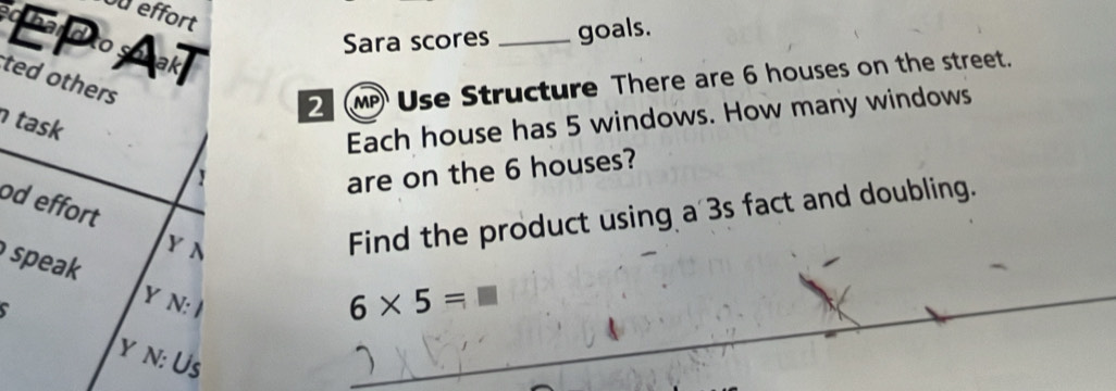 ou effort 
s ha d co so ak 
Sara scores _goals. 
ted others 
2 MP Use Structure There are 6 houses on the street. 
task 
Each house has 5 windows. How many windows 
1 
are on the 6 houses? 
od effort 
YA 
Find the product using a 3s fact and doubling. 
speak 

Y N :
6* 5=□
Y N: . U_S