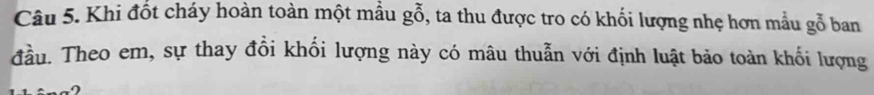 Khi đốt cháy hoàn toàn một mẫu gỗ, ta thu được tro có khối lượng nhẹ hơn mẫu gỗ ban 
đầu. Theo em, sự thay đổi khối lượng này có mâu thuẫn với định luật bảo toàn khối lượng