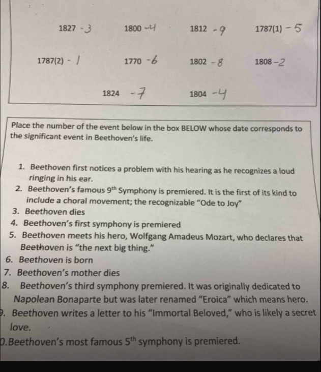 1827 1800 1812 1787(1)
1787(2)
1770 1802 1808
1824 1804
Place the number of the event below in the box BELOW whose date corresponds to 
the significant event in Beethoven’s life. 
1. Beethoven first notices a problem with his hearing as he recognizes a loud 
ringing in his ear. 
2. Beethoven’s famous 9^(th) Symphony is premiered. It is the first of its kind to 
include a choral movement; the recognizable “Ode to Joy” 
3. Beethoven dies 
4. Beethoven’s first symphony is premiered 
5. Beethoven meets his hero, Wolfgang Amadeus Mozart, who declares that 
Beethoven is “the next big thing.” 
6. Beethoven is born 
7. Beethoven’s mother dies 
8. Beethoven’s third symphony premiered. It was originally dedicated to 
Napolean Bonaparte but was later renamed “Eroica” which means hero. 
. Beethoven writes a letter to his “Immortal Beloved,” who is likely a secret 
love. 
D.Beethoven’s most famous 5^(th) symphony is premiered.