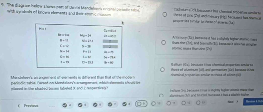 The diagram below shows part of Dmitri Mendeleev's original periodic table,
Cadmium (Cd), because it has chemical properties similar to
with symbols of known elements and their atomic masses.
those of zinc (Zn), and mercury (Hg), because it has chemical
properties similar to those of arsenic (As)
Antimony (Sb), because it has a slightly higher atomic mass
than zinc (Zn), and bismuth (Bi), because it also has a higher
atomic mass than zinc (Zn)
Gallium (Ga), because it has chemical properties similar to
those of aluminum (Al), and germanium (Ge), because it has
Mendeleev's arrangement of elements is different than that of the modern chemical properties similar to those of sillicon (Si)
periodic table. Based on Mendeleev's arrangement, which elements should be
placed in the shaded boxes labeled X and Z respectively?
Indiurn (In), because it has a slightly higher atomic mass than
aluminum (Al), and tin (Sn), because it has a slightly hisher
11 12
《 Previous Nina 》 Rewew & Sab