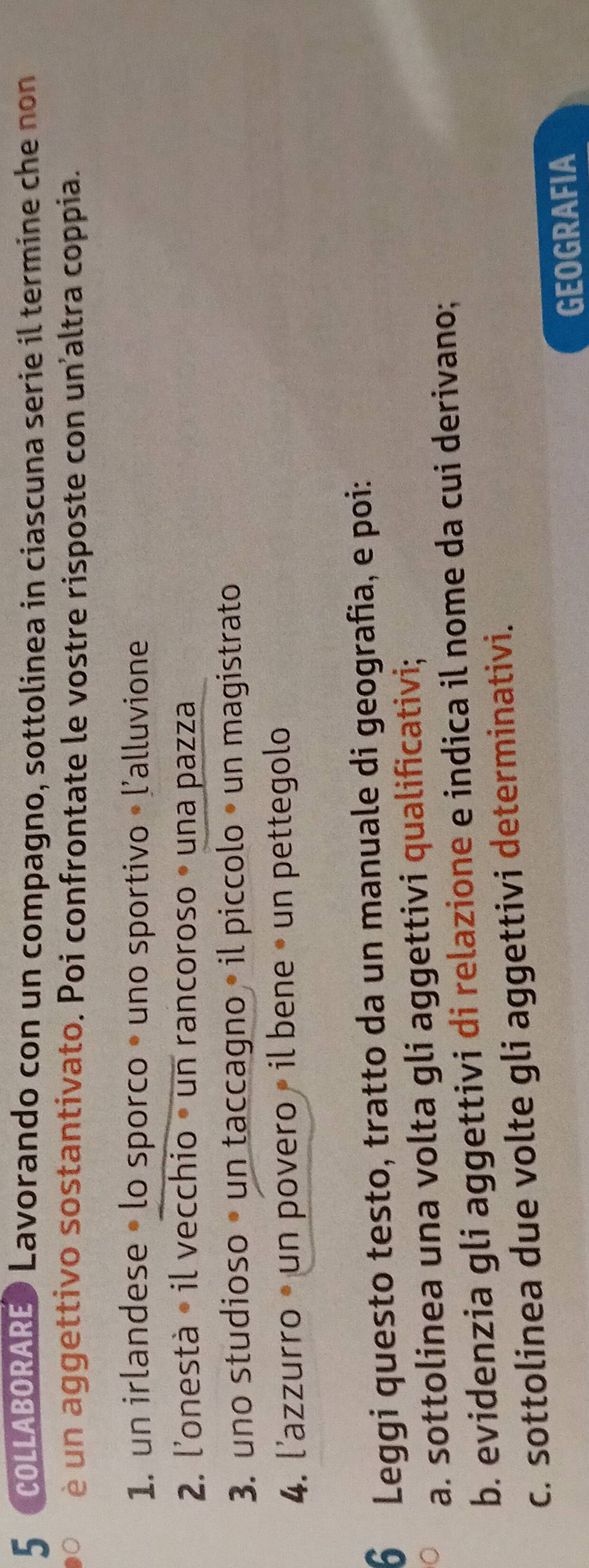 COLLABORAREO Lavorando con un compagno, sottolinea in ciascuna serie il termine che non 
è un aggettivo sostantivato. Poi confrontate le vostre risposte con unaltra coppia. 
1. un irlandese • lo sporco • uno sportivo • l'alluvione 
2. l'onestà • il vecchio - un rancoroso • una pazza 
3. uno studioso • un taccagno • il piccolo • un magistrato 
4. l'azzurro • un povero » il bene • un pettegolo 
6 Leggi questo testo, tratto da un manuale di geografia, e poi: 
a. sottolinea una volta gli aggettivi qualificativi; 
b. evidenzia gli aggettivi di relazione e indica il nome da cui derivano; 
c. sottolinea due volte gli aggettivi determinativi. 
GEOGRAFIA