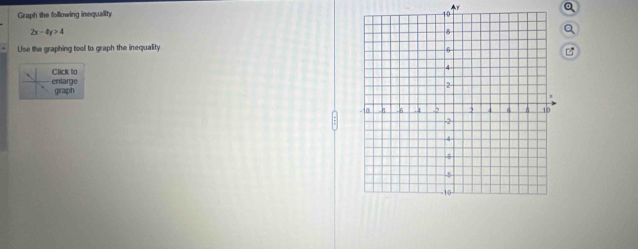 y
Q 
Graph the following inequality
2x-4y>4
Q 
Use the graphing tool to graph the inequality 
Click to 
enlarge 
graph