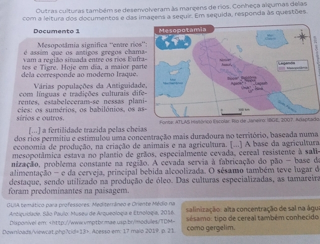 Outras culturas também se desenvolveram às margens de rios. Conheça algumas delas
com a leitura dos documentos e das imagens a seguir. Em seguida, responda às questões.
Documento 1 
Mesopotâmia significa “entre rios”
é assim que os antigos gregos chama
vam a região situada entre os rios Eufra
tes e Tigre. Hoje em dia, a maior part
dela corresponde ao moderno Iraque. 
Várias populações da Antiguidade
com línguas e tradições culturais dife
rentes, estabeleceram-se nessas planí
cies: os sumérios, os babilónios, os as
sírios e outros.
Fonte: ATLAS Histórico Escolar. Rio de Janeiro: IBGE, 2007. Adaptado
[...] a fertilidade trazida pelas cheias
dos rios permitiu e estimulou uma concentração mais duradoura no território, baseada numa
economia de produção, na criação de animais e na agricultura. [...] A base da agricultura
mesopotâmica estava no plantio de grãos, especialmente cevada, cereal resistente à sali-
pnização, problema constante na região. A cevada servia à fabricação do pão - base da
alimentação - e da cerveja, principal bebida alcoolizada. O sésamo também teve lugar de
destaque, sendo utilizado na produção de óleo. Das culturas especializadas, as tamareira
foram predominantes na paisagem.
GUIA temático para professores: Mediterrâneo e Oriente Médio na
Antiguidade. São Paulo: Museu de Arqueologia e Etnologia, 2016. salinização: alta concentração de sal na água
Disponível em: =13>. Acesso em: 17 maio 2019. p. 21. como gergelim.