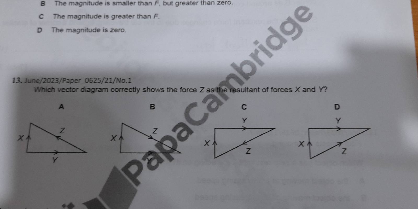 B The magnitude is smaller than F, but greater than zero.
C The magnitude is greater than F.
D The magnitude is zero.
13. June/2023/Paper_0625/21/No.1
Which vector diagram correctly shows the force Z as the resultant of forces X and Y?
A
B
C
D