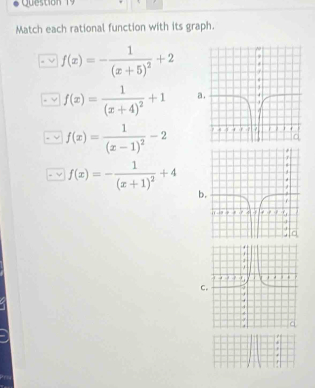 Match each rational function with its graph.
f(x)=-frac 1(x+5)^2+2
f(x)=frac 1(x+4)^2+1 a.
f(x)=frac 1(x-1)^2-2
f(x)=-frac 1(x+1)^2+4
b
C.
1
6