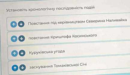 Установіть хронологічну послідовність πодій
Πовстання πід керівництвом Северина Наливайка
ловстання Κришτοфа Κосинського
Куруківська угода
заснування Томаківськоі Січі