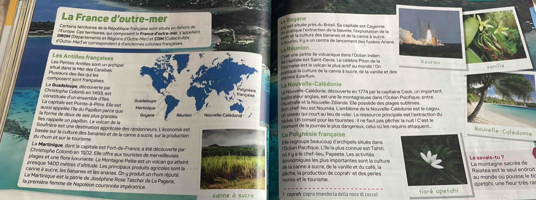 La France d’outre-mer
La Guyane
Certains territoires de la République française sont situés en dehors de Elle est située près du Brésil. Sa capitale est Cayenne
l'Europe. Ces territoires, qui composent la France d'outre-mer, s'appellent n  pratique l'extraction de la bauxite, l'exploitation de la
DROM (Départements et Régions d'Outre-Mer) et COM (Collectivités  at et la culture des bananes et de la canne à sucre
d'Outre-Mer) et correspondent à d'anciennes colonies françaises A Kourou, il y a un centre de lancement des fusées Ariane
La Réunion
Les Antilles françaises
C'est une petite île volcanique dans l'Océan Indien
La capitale est Saint-Denis. Le célèbre Piton de la
Les Petites Antilles sont un archipel
Fcurnaise est le volcan le plus actif au monde ! On
situé dans la Mer des Caraibes
Plusieurs des îles qui les
composent sont françaises
plantes à parfum 
ratique la culture de la canne à sucre, de la vanille et des
La Nouvelle-Calédonie
La Guadeloupe, découverte par
Christophe Colomb en 1493, esLa Nouvelle-Calédonie, découverte en 1774 par le capitaine Cook, un important
constituée d'un ensemble d'îlesexplorateur anglais, est une île montagneuse dans l'Écéan Pacifique, entre
La capitale est Pointe-à-Pître. Elle est lAustralie et la Nouvelle-Zélande. Elle possède des plages sublimes.
aussi appelée l'île du Papillon parce queSon chef-lieu est Nouméa. L'emblème de la Nouvelle-Calédonie est le cagou.
la forme de deux de ses plus grandesun oiseau qui court au lieu de voler. La ressource principale est l'extraction du
îles rappelle un papillon. Le volcan de la nickel. Un conseil pour les touristes : il ne faut pas pêcher la nuit ! C'est le
Soufrière est une destination appréciée des randonneurs. L'économie estmoment de la journée le plus dangereux, celui où les requins attaquent...
basée sur la culture des bananes et de la canne à sucre, sur la productionLa Polynésie française
Nouvelle-Calédonie
du rhum et sur le tourisme. Elle regroupe beaucoup d'archipels situés dans
La Martinique, dont la capitale est Fort-de-France, a été découverte parl'Océan Pacifique. L'île la plus connue est Tahiti,
Christophe Colomb en 1502. Elle offre aux touristes de merveilleusesoù il y a le chef-lieu, Papeete. Les activités
plages et une flore luxuriante. La Montagne Pelée est un volcan qui atteintéconomiques les plus importantes sont la culture Le savais-tu ?
presque 1400 mètres d'altitude. Les principaux produits agricoles sont lade la canne à sucre, de la vanille et du café, la  La montagne sacrée de
canne à sucre, les bananes et les ananas. On y produit un rhum réputé.pêche, la production de coprah' et des perles Raiatea est le seul endroit
La Martinique est la patrie de Joséphine Rose Tascher de La Pagerie,noires et le tourisme. au monde où pousse le tic
la première femme de Napoléon couronnée impératrice.
opetohi, une fleur très ra
canne à sucre 1 coproh: copra (mandorla della noce di cocco) tiaré apetahi