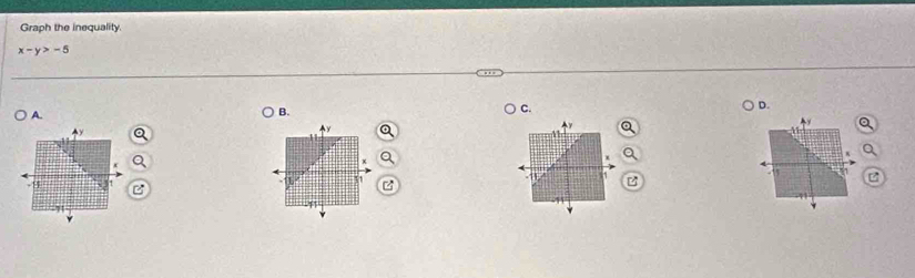 Graph the inequality
x-y>-5
D. 
A. 
B. 
C.