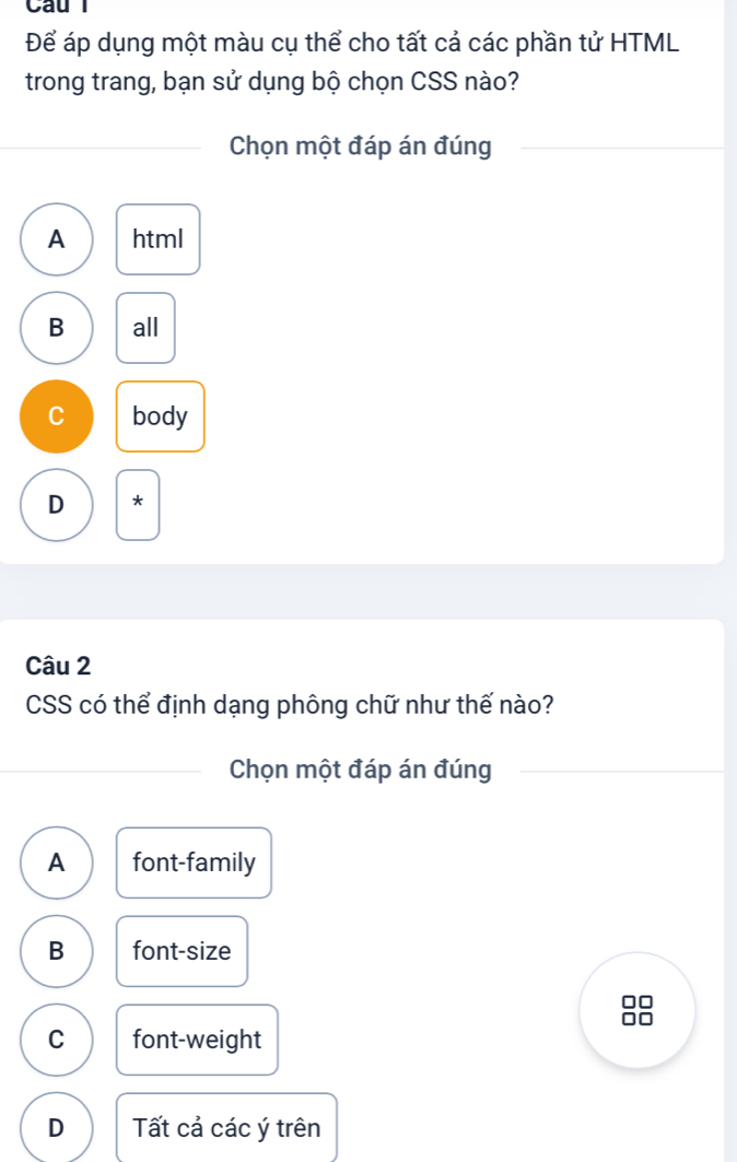 Để áp dụng một màu cụ thể cho tất cả các phần tử HTML
trong trang, bạn sử dụng bộ chọn CSS nào?
Chọn một đáp án đúng
A html
B all
C body
D *
Câu 2
CSS có thể định dạng phông chữ như thế nào?
Chọn một đáp án đúng
A font-family
B font-size
C font-weight
D Tất cả các ý trên