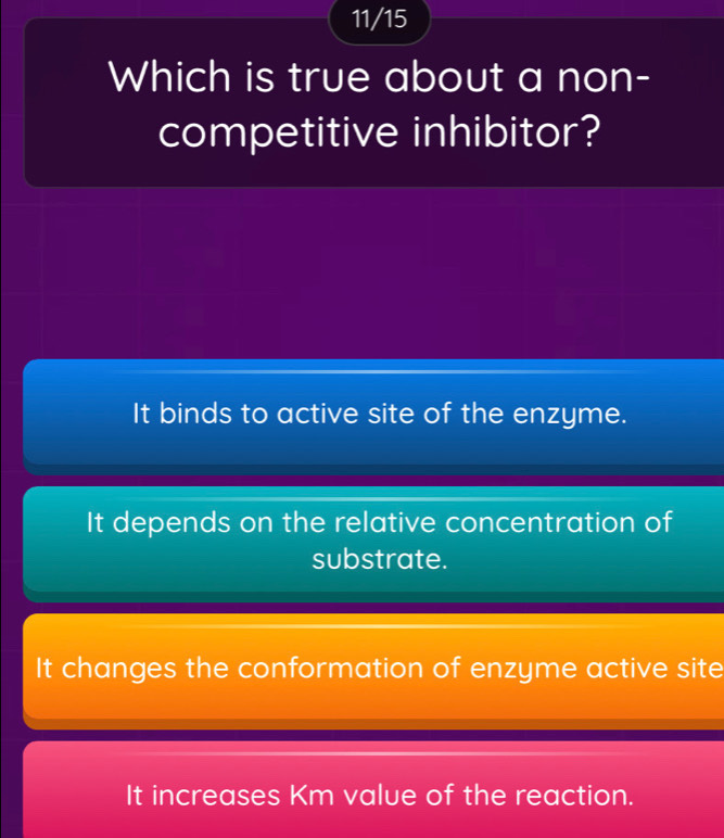 11/15
Which is true about a non-
competitive inhibitor?
It binds to active site of the enzyme.
It depends on the relative concentration of
substrate.
It changes the conformation of enzyme active site
It increases Km value of the reaction.