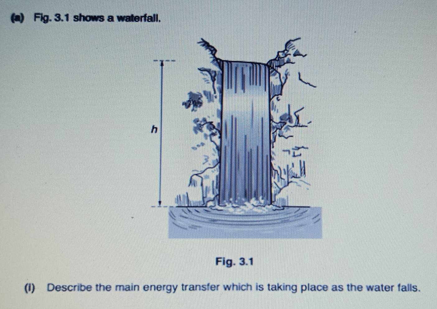 Fig. 3.1 shows a waterfall. 
Fig. 3.1 
(I) Describe the main energy transfer which is taking place as the water falls.