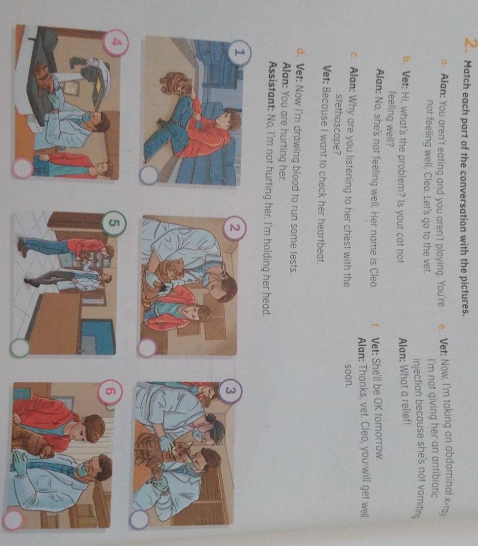 Match each part of the conversation with the pictures. 
a. Alan: You aren't eating and you aren't playing. You're a Vet: Now, I'm taking an abdominal x-ray 
not feeling well, Cleo. Let's go to the vet. 
I'm not giving her an antibiotic 
injection because she's not vomiting. 
b. Vet: Hi, what's the problem? Is your cat not 
Alan: What a relief! 
feeling well? 
Alan: No, she's not feeling well. Her name is Cleo. f. Vet: She'll be OK tomorrow. 
Alan: Thanks, vet. Cleo, you will get well 
c. Alan: Why are you listening to her chest with the soon. 
stethoscope? 
Vet: Because I want to check her heartbeat. 
d. Vet: Now I'm drawing blood to run some tests. 
Alan: You are hurting her. 
Assistant: No, I'm not hurting her. I'm holding her head.