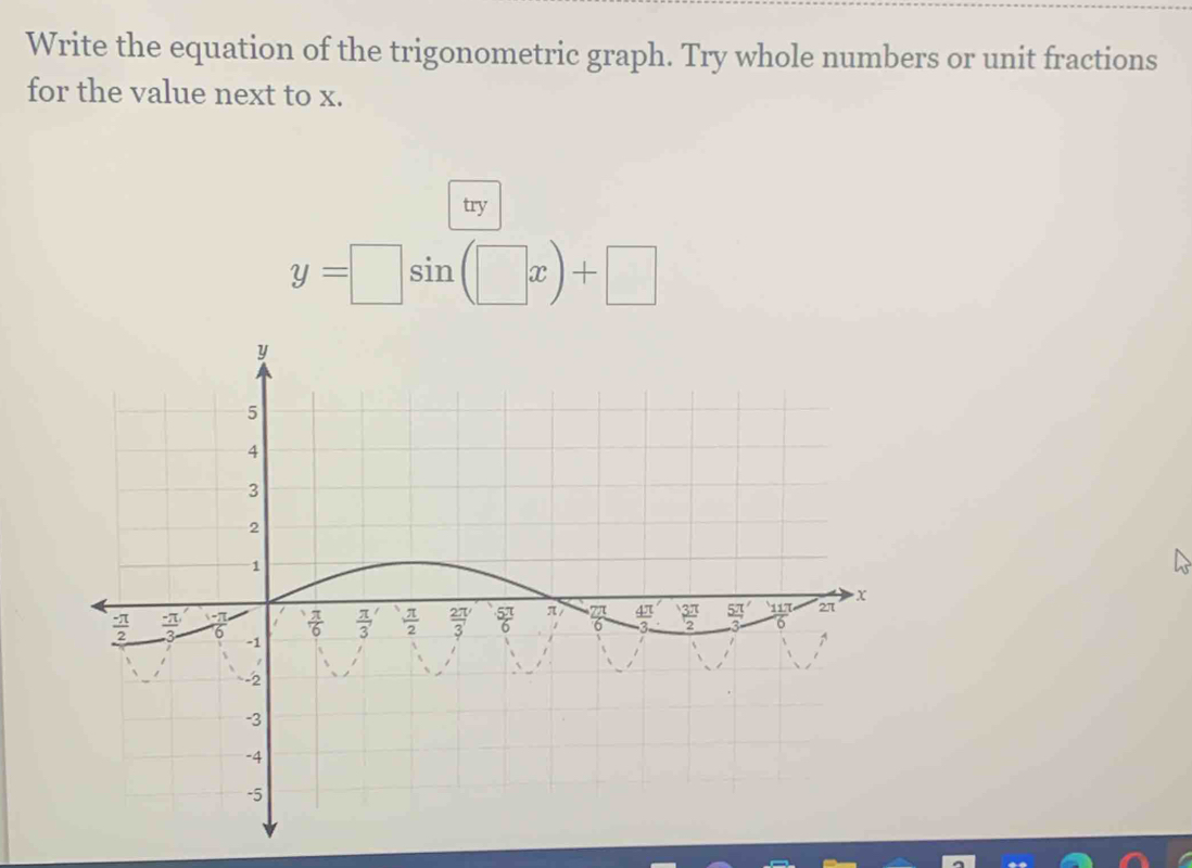 Write the equation of the trigonometric graph. Try whole numbers or unit fractions
for the value next to x.
try
y=□ sin (□ x)+□