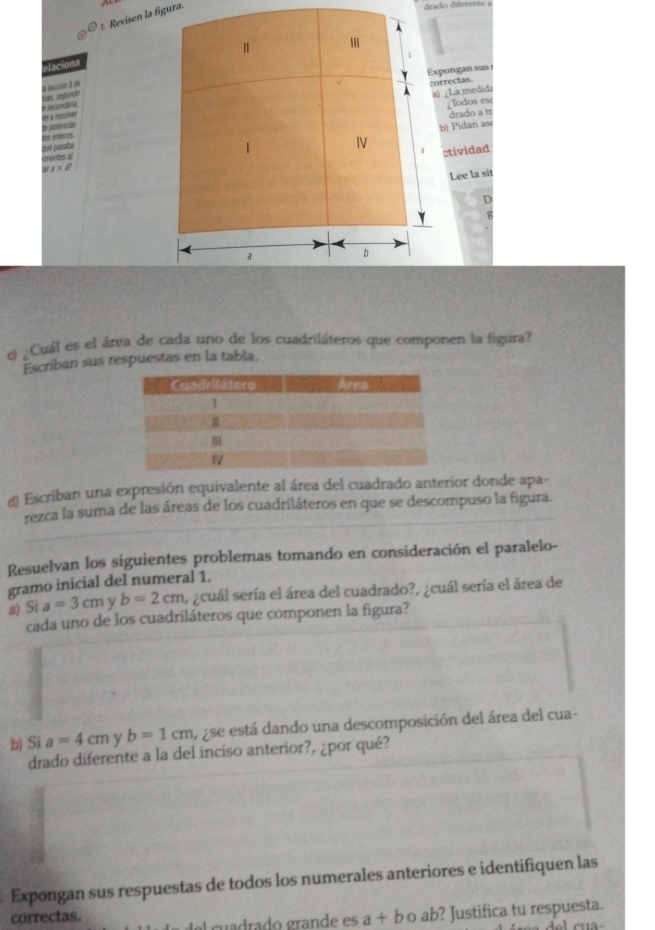 Revisen la figura. 
drado diferente a 
laciona 
ongan sus 
ectas. 
la lección 3 de 
¿La medida 
Todos esc 
de a resoíver 
drado a tr 
de potencias 
pué pasata) Pidan as 
tes enteros 
tividad 
aa 
Lee la sit 
D 
e ¿Cuál es el área de cada uno de los cuadriláteros que componen la figura? 
Escriban sus respuestas en la tabla. 
d) Escriban una expresión equivalente al área del cuadrado anterior donde apa- 
rezca la suma de las áreas de los cuadriláteros en que se descompuso la figura. 
Resuelvan los siguientes problemas tomando en consideración el paralelo- 
gramo inicial del numeral 1. 
a) Si a=3cm y b=2cm ¿cuál sería el área del cuadrado?, ¿cuál sería el área de 
cada uno de los cuadriláteros que componen la figura? 
b) Si a=4cm v b=1cm y ese está dando una descomposición del área del cua- 
drado diferente a la del inciso anterior?, ¿por qué? 
Expongan sus respuestas de todos los numerales anteriores e identifiquen las 
correctas. a+bo ab? Justifica tu respuesta. 
uadrado grande es