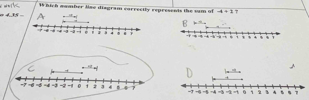 Which number line diagram correctly represents the sum of -4+2 ? 
o 4.35 -