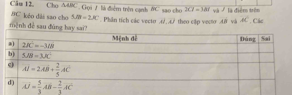 Cho △ ABC Gọi 7 là điểm trên cạnh BC sao cho 2CI=3BI vàlà điểm trên
BC kéo dài sao cho 5JB=2JC. Phân tích các vectơ vector AI,vector AJ theo cặp vectơ AB và vector AC. Các
mệnh đề sau đúng hay