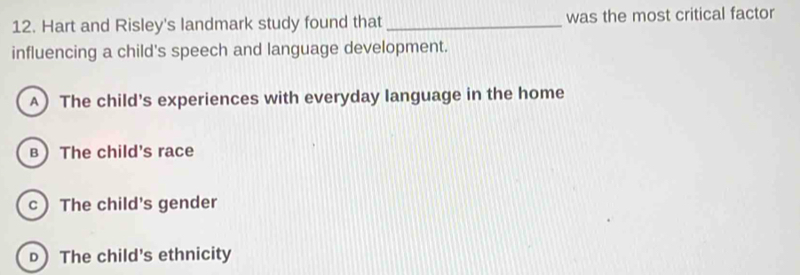 Solved: Hart and Risley's landmark study found that _was the most ...
