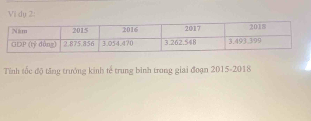 Vi dụ 2: 
Tính tốc độ tăng trưởng kinh tế trung bình trong giai đoạn 2015-2018