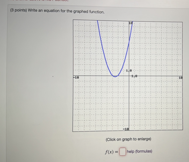 Write an equation for the graphed function. 
(Click on graph to enlarge)
f(x)= help (formulas)