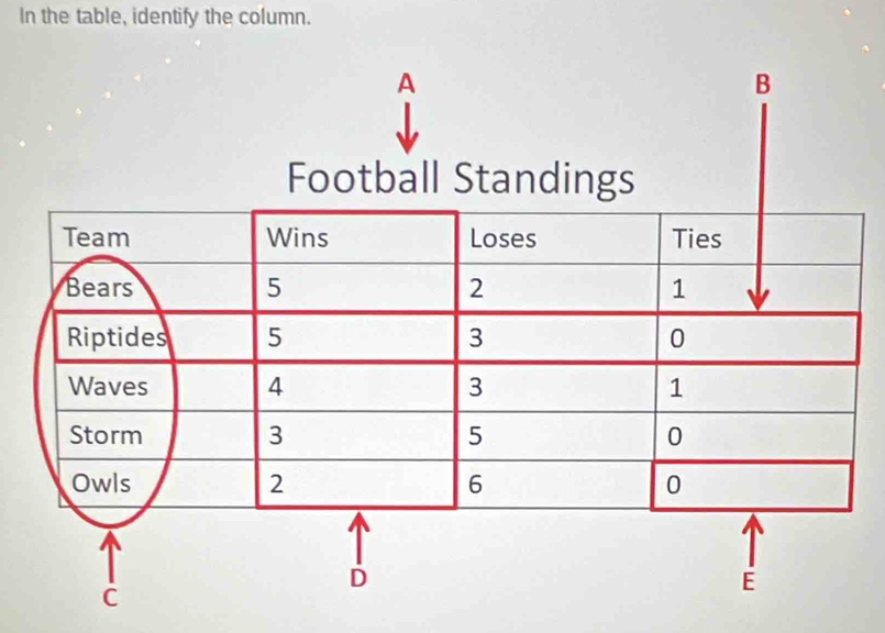 In the table, identify the column.