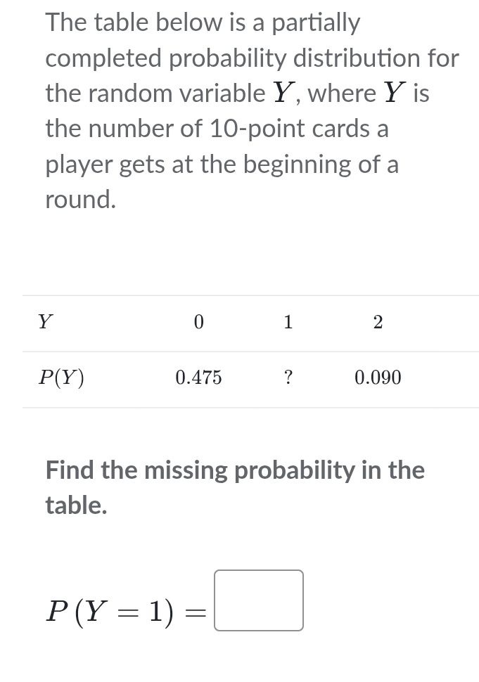 The table below is a partially
completed probability distribution for
the random variable Y, where Y is
the number of 10-point cards a
player gets at the beginning of a
round.
Find the missing probability in the
table.
P(Y=1)=□